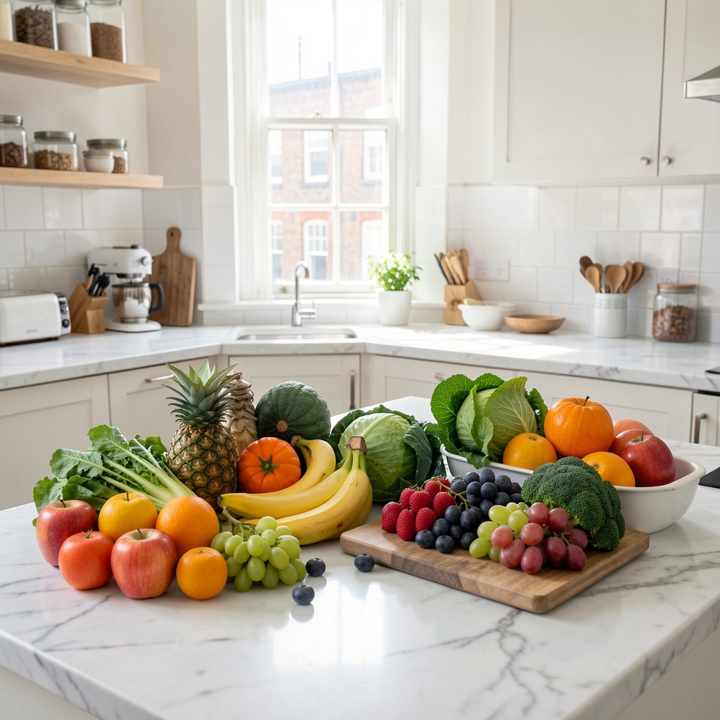 Wide-angle photograph of a well-organised kitchen workspace with seasonal fruit and vegetables arranged on a marble surface under bright natural daylight in a London studio