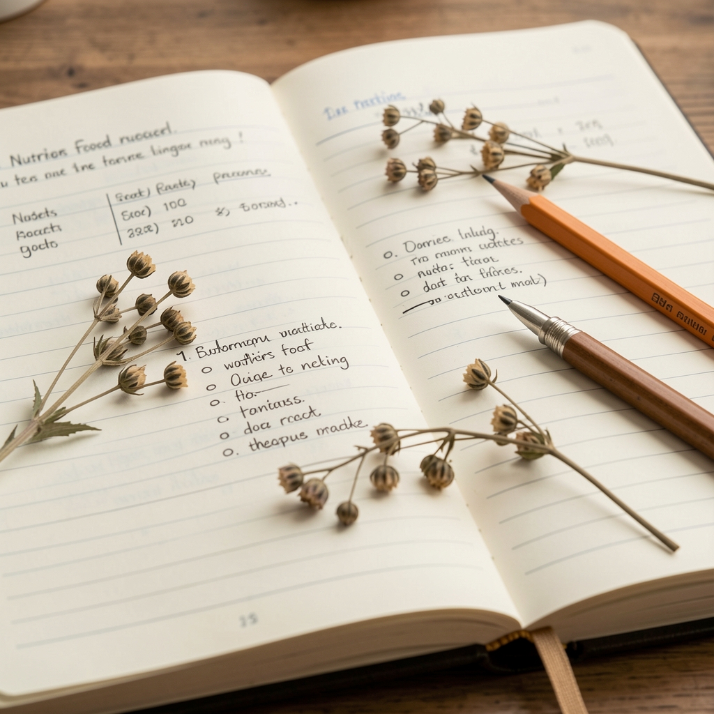 Close-up photograph of an open food journal with nutrient tracking notes, pencil annotations and dried botanical sprigs resting on the pages