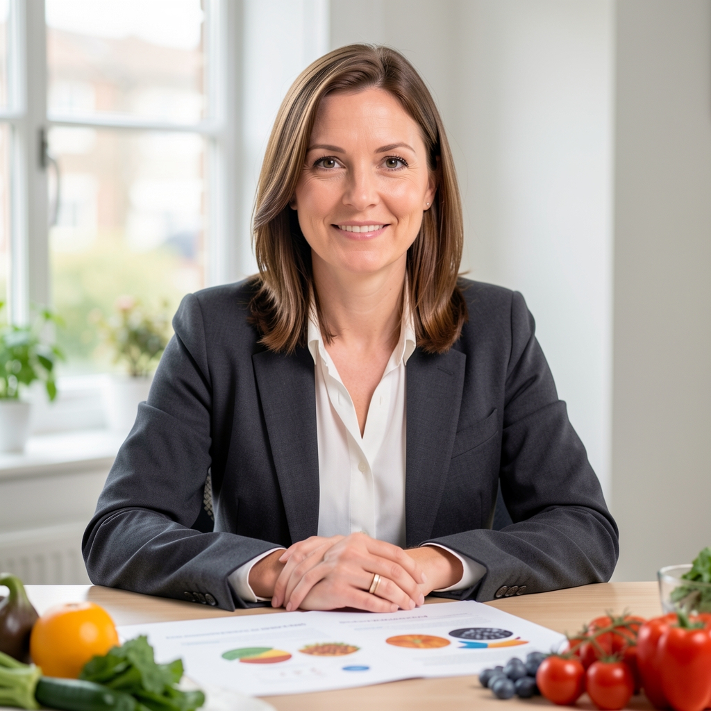 Professional portrait photograph of a nutrition specialist in a bright London studio, seated at a desk with printed food research documents and seasonal ingredients in the foreground