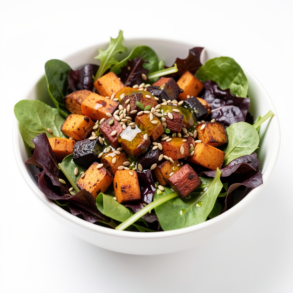 Close-up photograph of a colourful salad bowl filled with dark leafy greens, roasted root vegetables, seeds and a light olive oil dressing on a white background