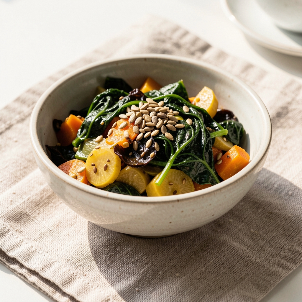Vibrant close-up photograph of a ceramic bowl filled with gut-friendly fermented vegetables, dark leafy greens and seeds on a natural linen placemat in bright daylight